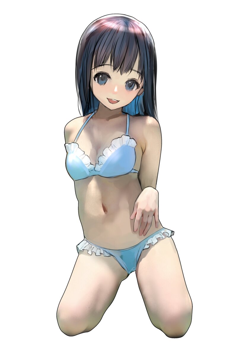 1girl absurdres bare_shoulders bikini black_bikini black_hair blue_bikini blue_eyes blush breasts cleavage emutsuichi frilled_bikini frills highres long_hair looking_at_viewer navel open_mouth original simple_background small_breasts smile solo stomach swimsuit thighs white_background