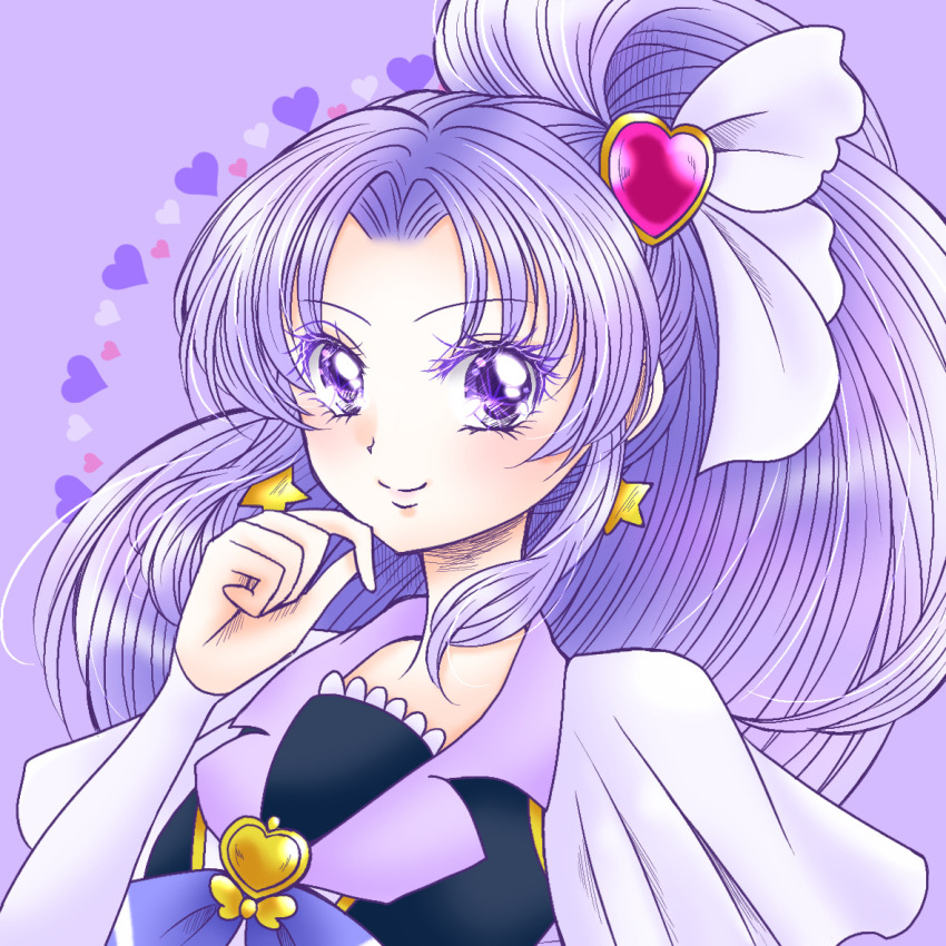 1girl black_vest brooch closed_mouth cure_fortune earrings hair_ornament hair_ribbon hand_to_own_mouth happinesscharge_precure! heart heart_brooch heart_hair_ornament hikawa_iona jewelry long_hair magical_girl parted_bangs ponytail precure purple_background purple_eyes purple_hair ribbon shirt shopan_(melody1015jump) short_sleeves smile solo star_(symbol) star_earrings upper_body vest white_ribbon white_shirt wide_ponytail