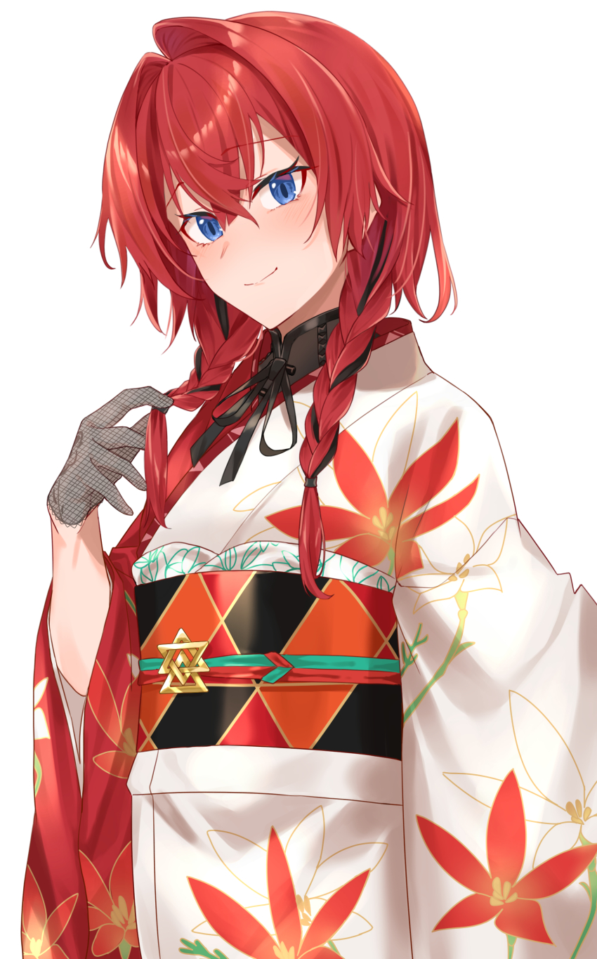 1girl absurdres ange_katrina ange_katrina_(new_year) black_hair black_sash blue_eyes blush braid closed_mouth commentary_request cowboy_shot crossed_bangs flat_chest floral_print floral_print_kimono furisode gloves grey_gloves hair_between_eyes hair_intakes hair_over_shoulder hand_up highres holding holding_own_hair japanese_clothes kimono lace lace_gloves long_bangs long_hair long_sleeves looking_at_viewer low_twin_braids mikaze_raika multicolored_hair multicolored_sash nijisanji obi obiage obijime orange_sash print_kimono red_hair red_kimono red_sash sash simple_background smile solo streaked_hair three_quarter_view twin_braids two-tone_hair virtual_youtuber white_background white_kimono