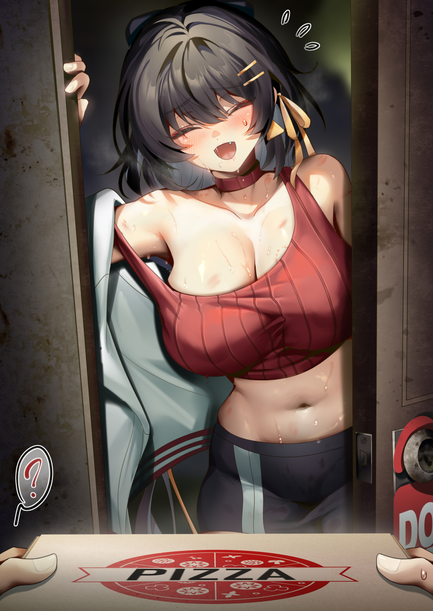 1girl 1other :d ? absurdres alternate_costume bare_shoulders bite_mark bite_mark_on_breast black_hair black_skirt blush box breasts breath choker closed_eyes collarbone colored_inner_hair commentary cowboy_shot crop_top doorway earrings facing_viewer female_rover_(wuthering_waves) flying_sweatdrops from_front from_outside hair_ribbon hickey highres holding holding_box hood hood_down hoodie huge_breasts jewelry long_hair multicolored_hair navel open_clothes open_hoodie open_mouth paid_reward_available pov pov_doorway pov_hands red_choker red_shirt ribbon rourou_(been) rover_(wuthering_waves) shirt skirt smile spoken_question_mark steaming_body stomach strap_slip sweat sweatdrop triangle_earrings white_hair white_hoodie wuthering_waves yellow_ribbon