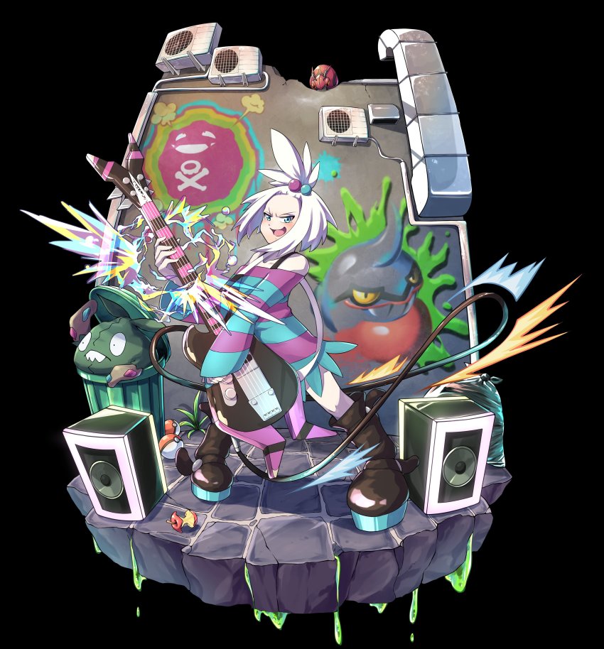 absurdres air_conditioner apple bass_guitar blue_eyes blush boots bra_strap dress electricity food forehead freckles fruit gen_1_pokemon gen_4_pokemon gen_5_pokemon graffiti hair_bobbles hair_ornament highres instrument kareha_p koffing looking_at_viewer music nintendo pokemon pokemon_(creature) pokemon_bw2 roxie_(pokemon) singing slime_(substance) stereo strapless strapless_dress striped_clothes striped_dress topknot toxicroak trash_bag trash_can trubbish venipede wall white_hair