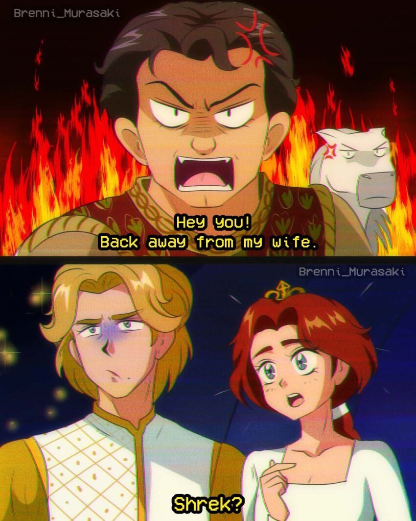 1990s_(style) 1girl 3boys anger_vein angry animification blonde_hair blue_eyes brenni_murasaki brown_hair closed_mouth crown donkey_(shrek) dress english_text fire highres horse looking_at_viewer mike_myers mole mole_under_mouth multiple_boys open_mouth parody ponytail prince_charming_(shrek) princess_fiona red_hair retro_artstyle shirt shrek shrek_(series) shrek_2 style_parody subtitled surprised v-shaped_eyebrows white_dress