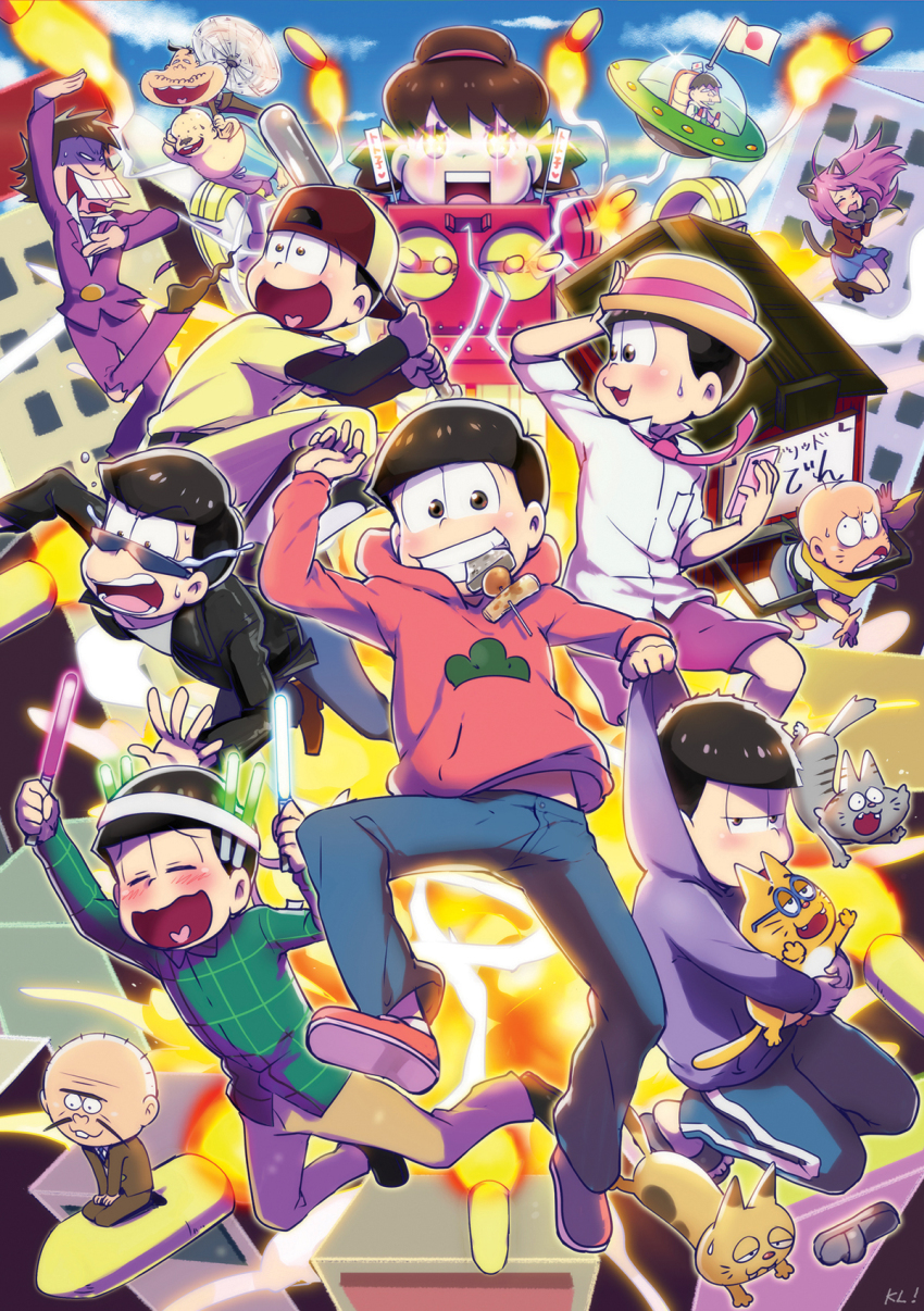 10s 2girls 6+boys :d animal_ears bald baseball_bat baseball_cap baseball_uniform black_hair blush brothers brown_eyes brown_hair cat cat_ears cat_tail cellphone chibita closed_eyes dayoon dekapan esper_nyanko facial_hair food food_stand glowstick grin hashimoto_nyaa hat hatabou head_flag heart heart_in_mouth highres hijirisawa_shonosuke hood hoodie iyami kl_(dgzonbi) matsuno_choromatsu matsuno_ichimatsu matsuno_jyushimatsu matsuno_karamatsu matsuno_osomatsu matsuno_todomatsu mouth_hold multiple_boys multiple_girls mustache necktie oden open_mouth osomatsu-kun osomatsu-san osomatsu_(series) phone pink_hair propeller revision robot sextuplets sheeeh! shorts siblings smartphone smile sportswear sunglasses tail tears torpedo ufo yatai yowai_totoko