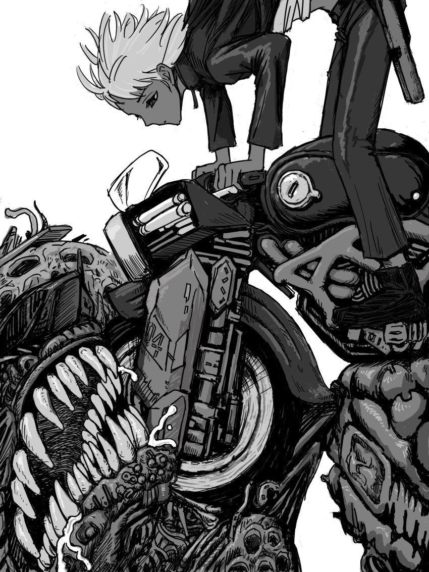 1girl 1other absurdres boots chatterbox_(nikke) dark-skinned_female dark_skin goddess_of_victory:_nikke greyscale highres jacket mero_(ilsttkgbz11) monochrome monster motor_vehicle motorcycle pants rapture_(nikke) riding robot sharp_teeth shirt short_hair simple_background sugar_(nikke) teeth white_background