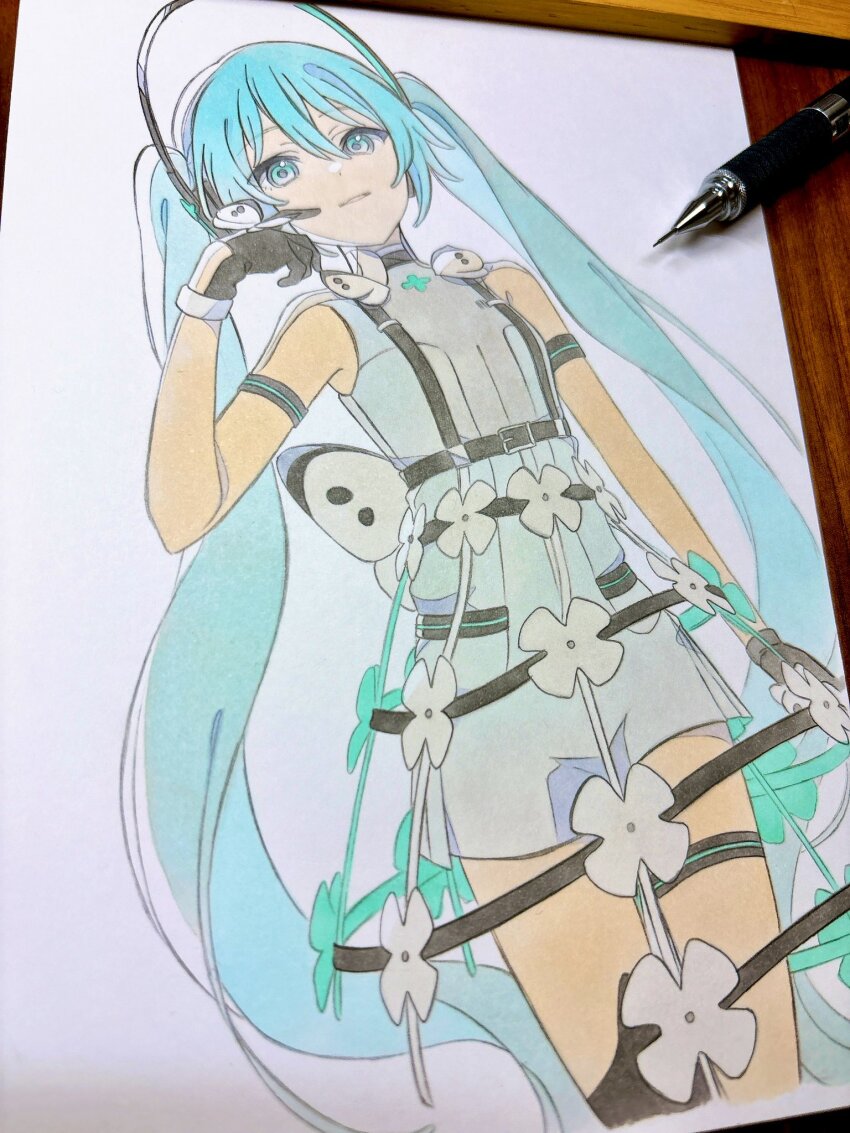 1girl aqua_eyes aqua_hair arm_at_side arm_strap armpit_cutout armpits barcode bare_arms belt black_belt black_gloves black_thighhighs bug butterfly butterfly_on_hand butterfly_ornament clothing_cutout colored_pencil_(medium) crinoline dot_nose dutch_angle feet_out_of_frame flat_chest gloves graphite_(medium) hair_between_eyes hand_up hatsune_miku headphones highres insect jumpsuit legs_together light_smile long_hair looking_at_viewer looking_down murozaki_melody_(project_sekai) parted_lips pato_(ptro) photo_(medium) project_sekai short_jumpsuit sidelocks simple_background single_bare_leg single_horizontal_stripe single_thighhigh solo standing thigh_gap thigh_strap thighhighs traditional_media tsurime twintails very_long_hair vocaloid wavy_hair white_background white_butterfly white_jumpsuit