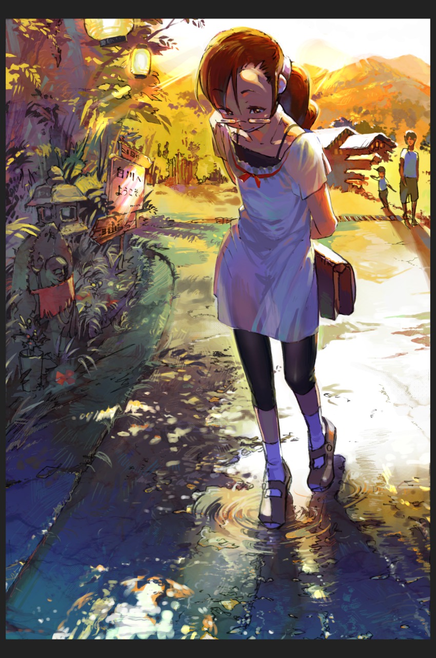 1girl absurdres arms_behind_back bag border briefcase capri_pants evening female_focus glasses highres jikan_hakushaku jizou looking_down original pants puddle ripples rural see-through_clothes solo spandex stone_lantern tight_clothes tight_pants twilight walking water