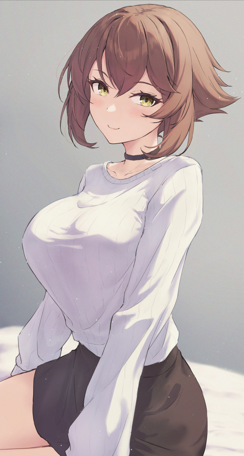 1girl absurdres alternate_costume black_choker black_skirt brown_hair choker flipped_hair hair_between_eyes highres kantai_collection long_sleeves looking_at_viewer miniskirt monoku mutsu_(kancolle) short_hair sitting skirt smile solo sweater white_sweater yellow_eyes