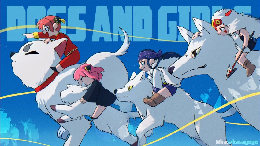 4girls ainu ainu_clothes animal anya_(spy_x_family) asirpa black_dress black_hair blue_background bond_(spy_x_family) child chinese_clothes cloak closed_eyes commentary_request dog dress gintama golden_kamuy hairpods headband highres kagura_(gintama) kasakasagogo long_hair looking_ahead mask mononoke_hime moro_no_ichizoku multiple_girls orange_hair pink_hair profile purple_headband retar sadaharu san_(mononoke_hime) spy_x_family twitter_username white_cloak wolf