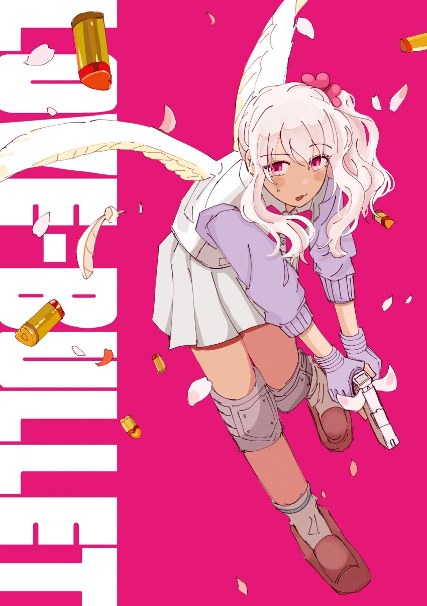 1other akiyama_mizuki angel_wings brown_shoes bullet bulletproof_vest feathers gloves gun hair_ornament handgun heart heart_hair_ornament highres holding holding_gun holding_weapon knee_pads loafers long_hair love-bullet neck_ribbon nicewhen open_mouth parody pink_background pink_eyes pink_hair pleated_skirt project_sekai ribbon shoes side_ponytail sidelocks skirt weapon white_wings wings