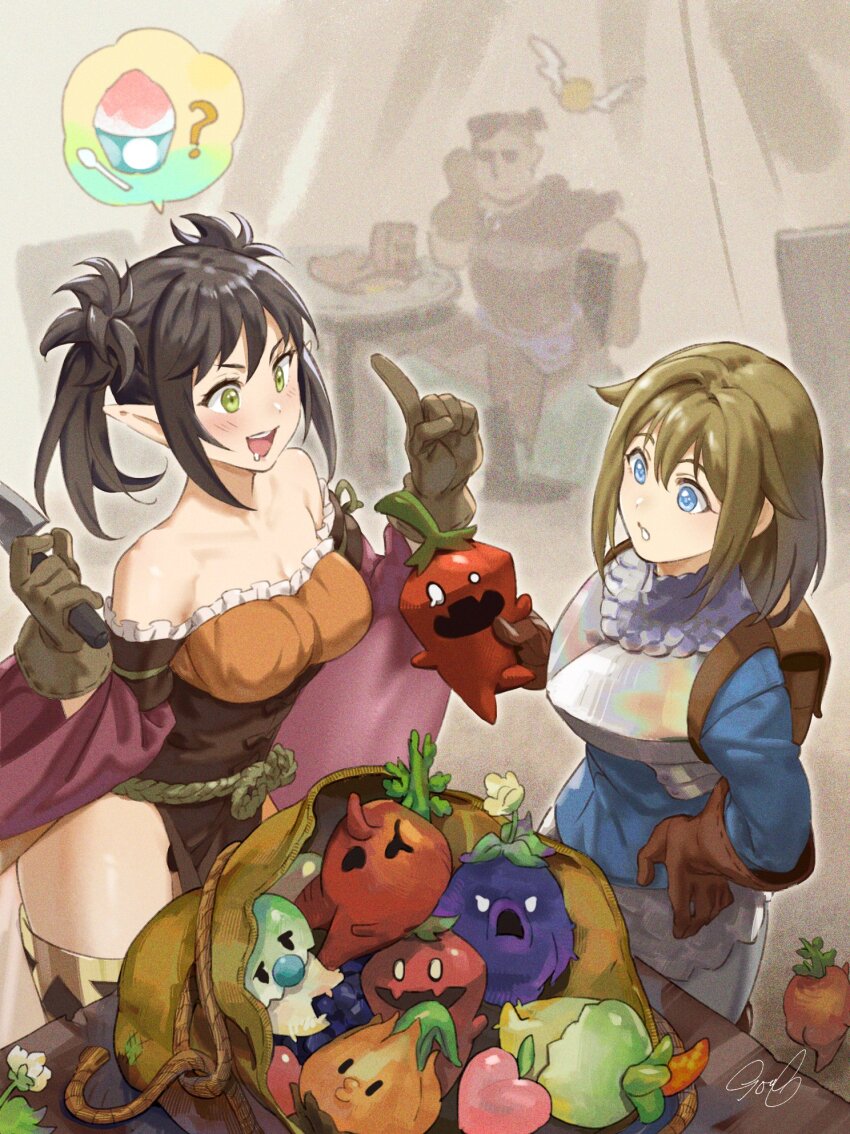 1boy 2girls ? armor aubin_(unicorn_overlord) backpack bag bare_shoulders black_hair blue_dress blue_eyes blush breastplate breasts brown_bag brown_dress brown_gloves brown_hair chloe_(unicorn_overlord) dress elf food gloves green_eyes hair_flaps hand_on_own_hip highres holding holding_food holding_knife holding_vegetable index_finger_raised knife mandragora medium_breasts multiple_girls off-shoulder_dress off_shoulder open_mouth ouosoul parted_lips pointy_ears ridiel_(unicorn_overlord) sack shaved_ice short_hair side_slit signature smile spoken_food table twintails unicorn_overlord vegetable