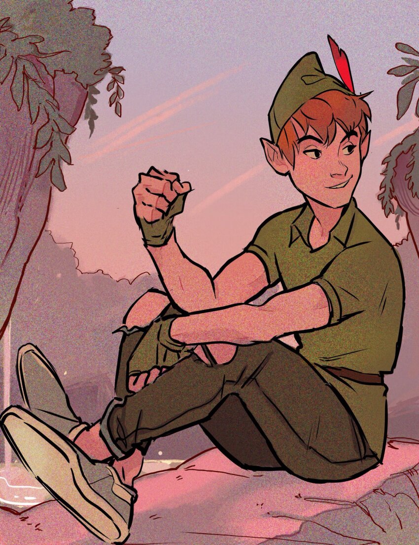 1boy black_footwear boots brown_hair bug fairy feathers fly fly_agaric gabriel_picolo green_hat green_shirt green_tunic hat hat_feather highres insect leaf mushroom peter_pan peter_pan_(character) pointy_ears red_feathers shirt short_hair size_difference tinker_bell_(character) tinker_bell_(disney) toon_(style) tunic walt_disney&#039;s_peter_pan yellow_eyes