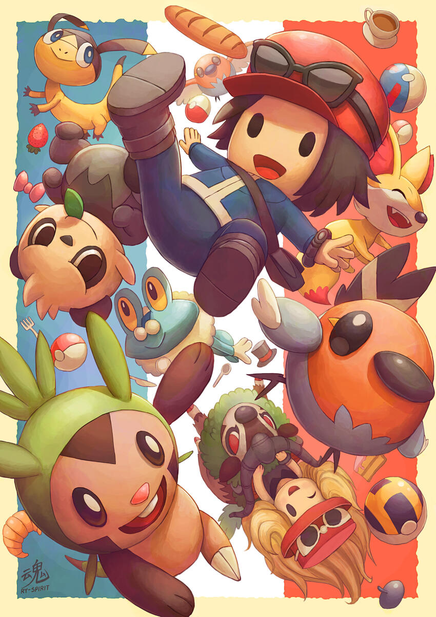 1boy 1girl absurdres bird black_eyes black_hair blonde_hair blue_jacket blueberry bow bread bright_pupils cake calem_(pokemon) chespin coffee croissant cup fennekin fletchling food fork froakie fruit gen_6_pokemon glasses gogoat great_ball hat helioptile highres horns jacket mouth_hold mug nintendo one_eye_closed open_mouth pancham pink_hat poke_ball poke_ball_(basic) pokemon pokemon_(creature) pokemon_xy red_hat ry-spirit serena_(pokemon) shoes smile spoon strawberry top_hat ultra_ball white_pupils
