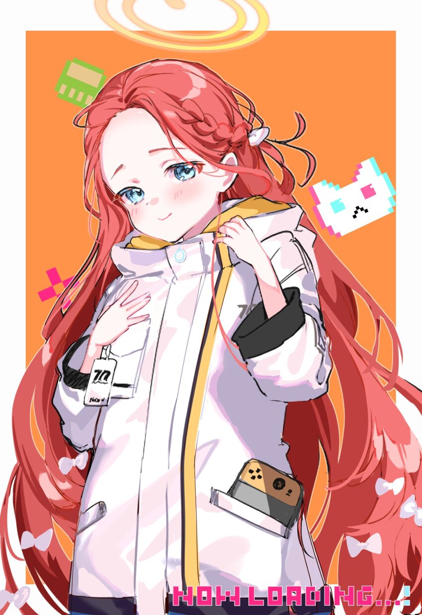 1girl blue_archive blue_eyes blush border bow braid closed_mouth coat commentary cowboy_shot english_text forehead hair_bow half_up_braid halo hands_up highres long_hair long_sleeves looking_at_viewer nemuri_gbng nintendo_switch orange_background orange_halo outside_border parted_bangs pixel_text red_hair simple_background smile solo very_long_hair white_border white_bow white_coat wide_sleeves yuzu_(blue_archive) ||/