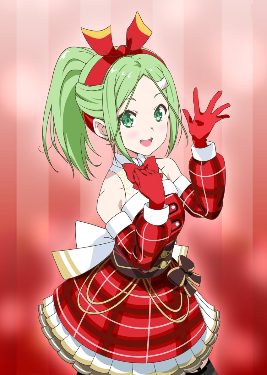 1girl 22/7 :d blush bow bow_hairband bowtie collared_dress commentary_request cowboy_shot detached_sleeves dress fur-trimmed_dress fur_trim gloves green_eyes green_hair hair_bow hair_ornament hairband hairclip half_updo hand_on_own_chest high_ponytail highres kiryu_touko looking_at_viewer matsubokkurin227 open_mouth parted_bangs plaid_clothes plaid_dress ponytail red_background red_bow red_bowtie red_gloves red_hairband sleeveless sleeveless_dress smile solo standing teeth two-tone_bow upper_teeth_only waving