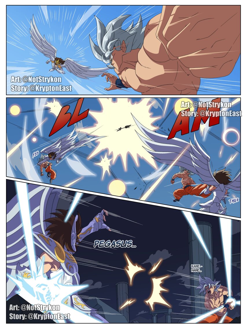2boys absurdres armor battle battle_damage brown_eyes brown_hair dougi dragon_ball dragon_ball_super full_armor god_cloth grey_eyes highres male_focus metal_wings multiple_boys muscular muscular_male notstrykon orange_dougi pants pauldrons pegasus pegasus_seiya saint_seiya short_hair shoulder_armor son_goku spiked_hair topless_male torn_clothes ultra_instinct white_hair wristband