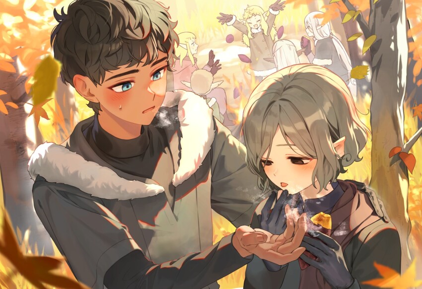 3boys 4girls autumn autumn_leaves bags_under_eyes black_eyes black_hair blonde_hair blue_eyes blush cithis curly_hair dark-skinned_male dark_skin dungeon_meshi elf fleki food fur-trimmed_jacket fur_trim grey_hair holding holding_food jacket kabru lazy_eye leaf long_hair lycion male_focus mayomayoland mithrun multiple_boys multiple_girls notched_ear otta_(dungeon_meshi) outdoors pattadol pointy_ears roasted_sweet_potato short_hair sweatdrop sweet_potato tree uneven_eyes