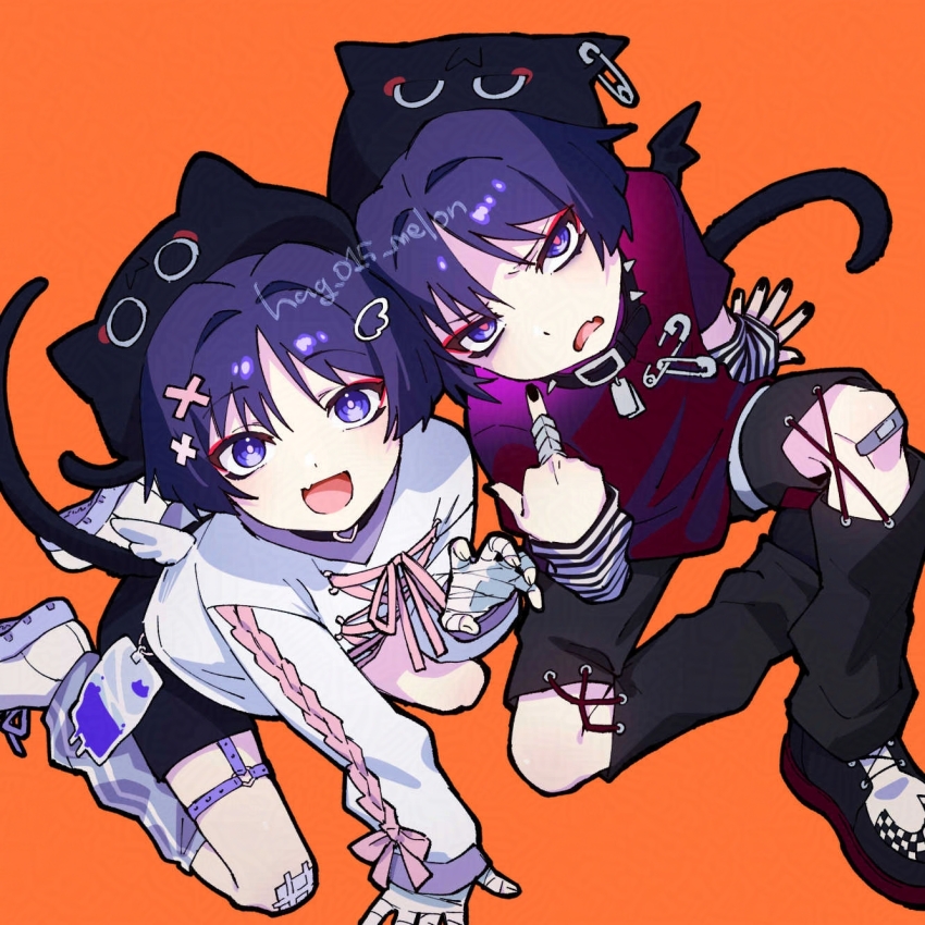 2boys alternate_costume angel_wings animal_hat arm_support artist_name bandaged_hand bandages bandaid bandaid_on_knee bandaid_on_leg black_choker black_footwear black_hat black_pants black_shorts blunt_ends bow bright_pupils cat_hat cat_tail choker collar cross-laced_clothes cross-laced_footwear cross-laced_pants cross-laced_sleeves cross-laced_top demon_wings detached_pants dog_tags dual_persona eyeliner eyeshadow facing_up fake_wings fang fingernails from_above furrowed_brow gauze_on_knee genshin_impact hag_(hag_015) hair_intakes hair_ornament halloween_costume hand_on_ground hat heads_together heart_ring_strap highres kneeling knees leg_warmers long_sleeves looking_at_viewer low_wings makeup middle_finger multiple_boys o-ring o-ring_thigh_strap open_hands open_mouth pants parted_bangs partially_shaded_face paw_pose pink_bow purple_eyes purple_hair purple_leg_warmers red_eyeliner red_eyeshadow red_pupils red_shirt safety_pin sanpaku scaramouche_(genshin_impact) shirt shoes shorts skin_fang spiked_collar spikes striped_arm_warmers t-shirt tail thigh_strap tongue v-shaped_eyebrows wanderer_(fairy_tale_cat)_(genshin_impact) wanderer_(genshin_impact) white_footwear white_pupils white_shirt white_sleeves white_wings wing_hair_ornament wings x_hair_ornament