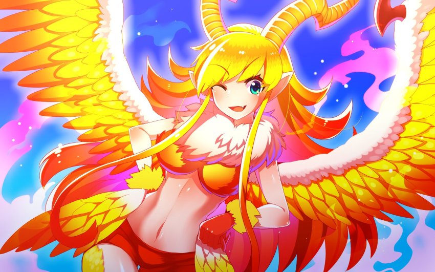 1girl blonde_hair blue_background breasts dragalia_lost dragon_horns green_eyes highres horns long_hair medium_breasts midriff navel one_eye_closed open_mouth phoenix_(dragalia_lost) pointy_ears solo tanpopo_hayabusa-maru upper_body wings