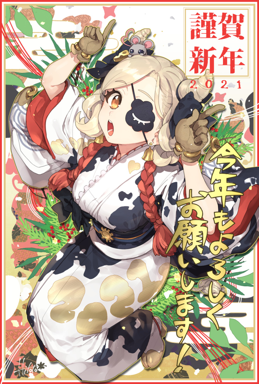 1girl 2021 blonde_hair braid breasts brown_gloves commentary_request eyepatch full_body gloves hands_up highres hitoto index_fingers_raised japanese_clothes kimono large_breasts long_hair long_sleeves looking_at_viewer mouse_(animal) multicolored_hair nengajou new_year obi open_mouth original print_kimono red_hair sash solo thick_eyebrows translation_request twin_braids two-tone_hair white_kimono wide_sleeves yellow_eyes