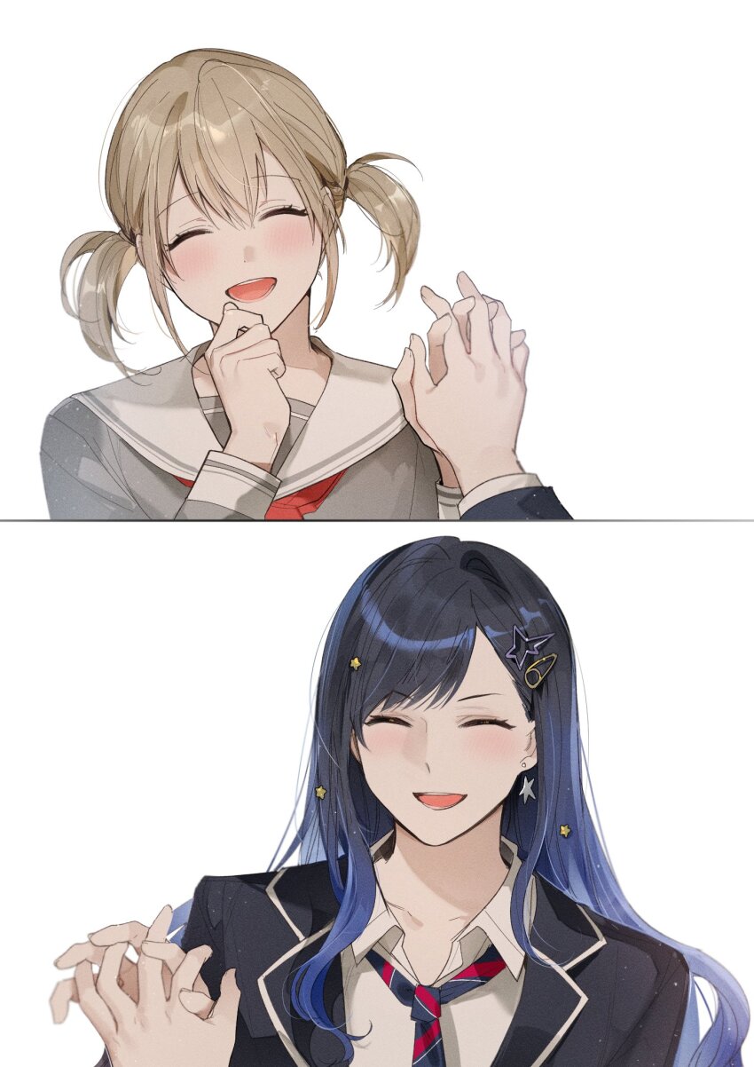 2girls azusawa_kohane black_jacket blue_hair brown_hair closed_eyes collared_shirt commentary fresa_pie gradient_hair grey_shirt hair_ornament hairclip highres interlocked_fingers jacket kamiyama_high_school_uniform_(project_sekai) long_sleeves miyamasuzaka_girls&#039;_academy_school_uniform multicolored_hair multiple_girls neckerchief open_mouth project_sekai red_neckerchief sailor_collar school_uniform serafuku shiraishi_an shirt short_hair short_twintails simple_background star_(symbol) star_hair_ornament symbol-only_commentary twintails white_background white_sailor_collar white_shirt yuri