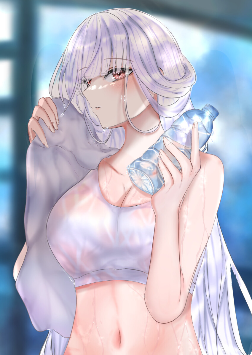 1girl azur_lane bottle breasts cleavage commentary dismaer english_commentary highres holding holding_bottle large_breasts long_hair looking_at_viewer marseillaise_(azur_lane) marseillaise_(fighting_angel&#039;s_regimen)_(azur_lane) navel official_alternate_costume red_eyes solo sports_bra upper_body very_long_hair water_bottle wet white_hair white_sports_bra
