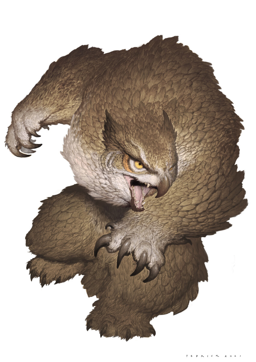 absurdres animal_focus artist_name beak claws commentary dungeons_&amp;_dragons english_commentary feathers full_body highres john_tedrick monster no_humans open_mouth owlbear realistic sharp_teeth simple_background solo teeth white_background yellow_eyes