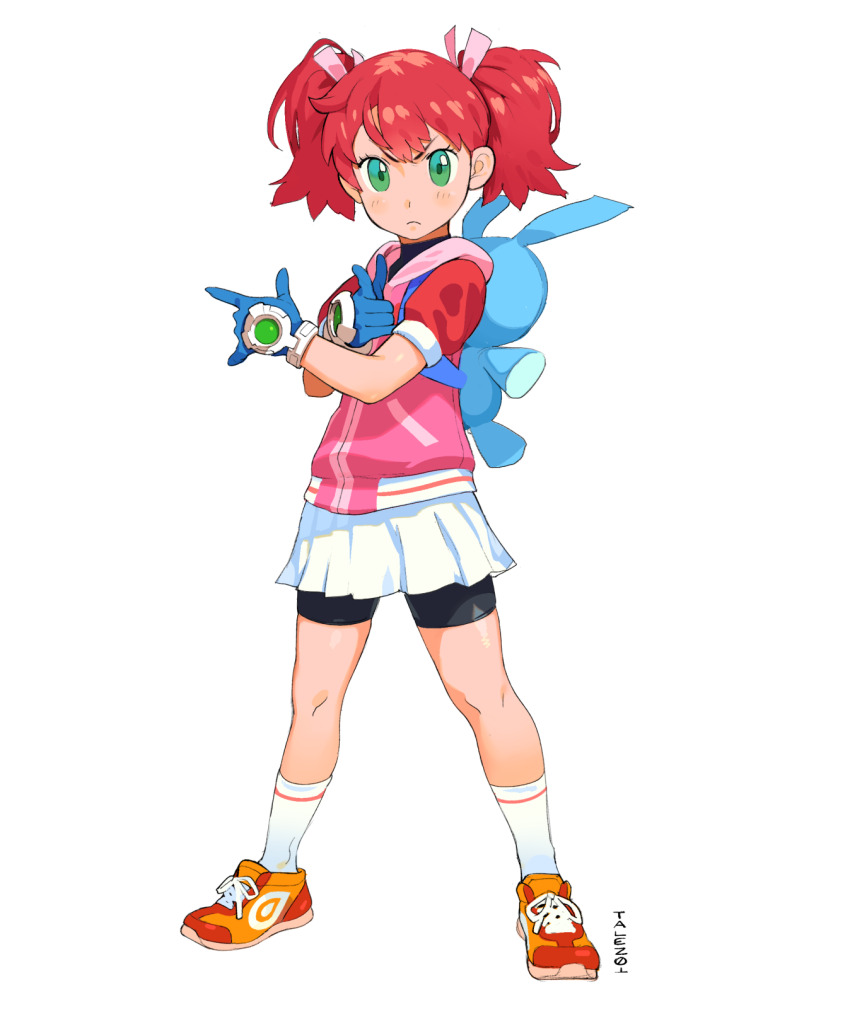 1girl animal_bag ankle_socks artist_name backpack bag bike_shorts blue_gloves blush commission conto crossed_wrists double_finger_gun finger_gun food fruit gloves green_eyes hair_ribbon highres jacket orange_(fruit) original pink_jacket pink_ribbon pointing pointing_at_viewer red_hair ribbon saru_getchu sayaka_(saru_getchu) simple_background skirt socks twintails white_background white_skirt white_socks