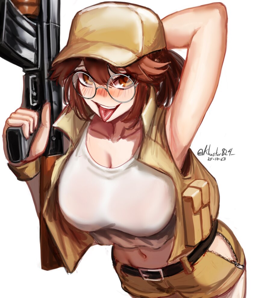 1girl absurdres arm_behind_head arm_up armpits belt black_belt blush breasts brown_hair cleavage collarbone commentary cowboy_shot crop_top dated fio_germi gun hair_between_eyes hat highres hip_vent holding holding_gun holding_weapon khester824 large_breasts looking_at_viewer machine_gun metal_slug midriff navel open_clothes open_mouth open_vest orange_eyes shorts simple_background smile solo standing tank_top teeth tongue tongue_out trigger_discipline twitter_username upper_teeth_only utility_vest vest weapon white_background white_tank_top wristband yellow_hat yellow_shorts yellow_vest