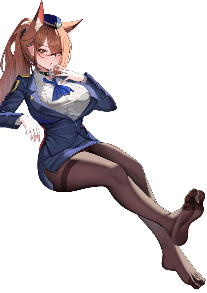 1girl absurdres animal_ears arknights blush breasts brown_eyes brown_hair feet flight_attendant franka_(arknights) glasses highres lahz52 large_breasts long_hair looking_at_viewer miniskirt pantyhose parted_lips ponytail skirt soles toes travel_attendant