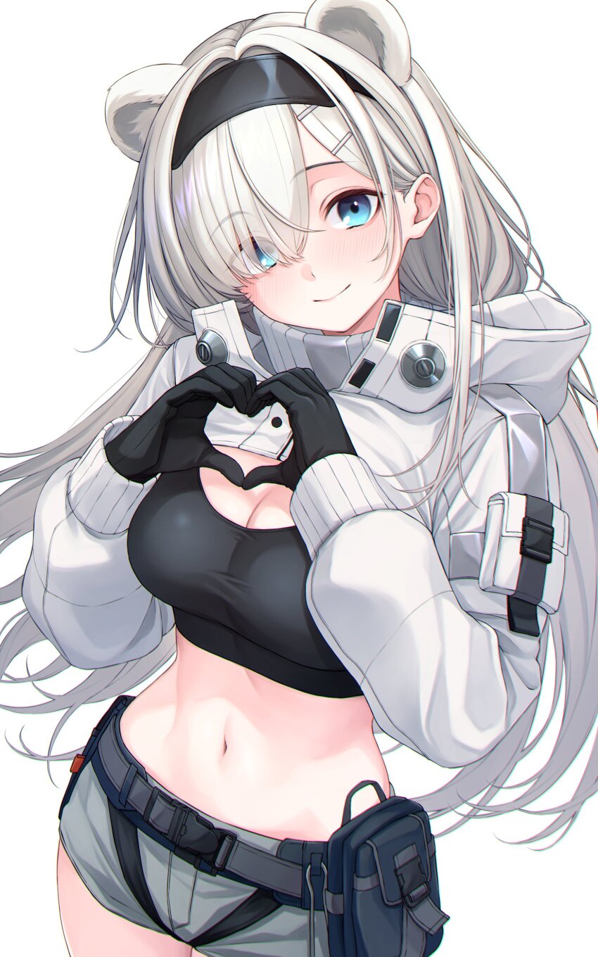 1girl absurdres animal_ears arknights aurora_(arknights) bear_ears bear_girl black_hairband black_sports_bra blue_eyes blush breasts cleavage closed_mouth cowboy_shot extra_ears grey_shorts hairband hands_up heart heart_hands highres large_breasts long_hair looking_at_viewer midriff nameko_houshi navel shorts shrug_(clothing) simple_background smile solo sports_bra white_background white_hair white_shrug