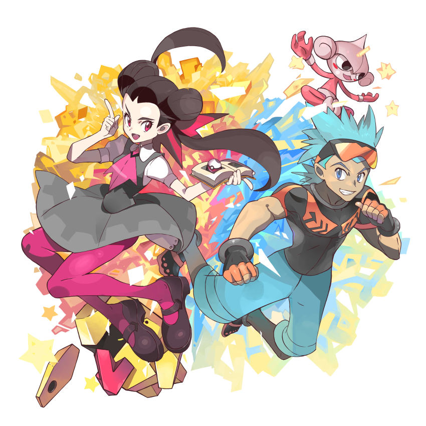 1boy 1girl absurdres alternate_color black_shirt blue_hair blue_shorts book brawly_(pokemon) brown_hair clenched_hand collared_shirt commentary dark_skin dress eyewear_on_head fingerless_gloves floating_hair gen_3_pokemon gloves grey_dress gym_leader highres hiro_(user_negm3832) index_finger_raised long_hair meditite nintendo nosepass orange-tinted_eyewear orange_shirt pantyhose poke_ball poke_ball_(basic) pokemon pokemon_(creature) pokemon_oras roxanne_(pokemon) shiny_pokemon shirt shoes shorts skin_tight spiked_hair star_(symbol) sunglasses sunglasses_on_head tinted_eyewear twintails white_shirt