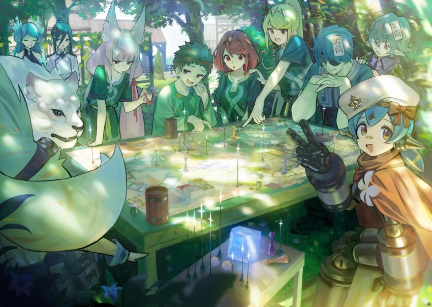 3boys 6+girls android animal animal_ear_fluff animal_ears black_hair blue_flower blue_hair bow breasts brighid_(xenoblade) brown_hair closed_eyes day dromarch_(xenoblade) eyepatch fiery_hair flower glasses green_hair hair_between_eyes hat highres interlocked_fingers joints long_sleeves looking_at_viewer morag_ladair_(xenoblade) multiple_boys multiple_girls mythra_(xenoblade) nia_(xenoblade) open_mouth outdoors pandoria_(xenoblade) pointing ponytail poppi_(xenoblade) poppi_alpha_(xenoblade) pyra_(xenoblade) red_bow red_eyes red_hair rex_(xenoblade) robot_ears robot_joints round_eyewear short_hair short_sleeves songchuan_li sweat table tora_(xenoblade_2) tree v white_flower xenoblade_chronicles_(series) xenoblade_chronicles_2 zeke_von_genbu_(xenoblade)