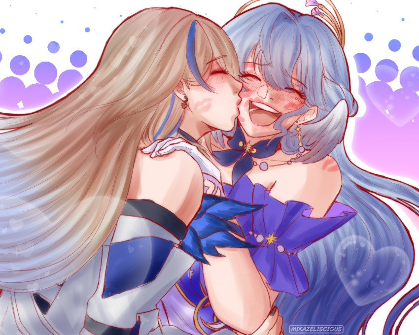 ami-chu artist_name asymmetrical_clothes bare_shoulders blonde_hair blue_hair blush choker closed_eyes collar detached_sleeves dress earrings face_jewel gloves halo halo_behind_head head_wings heart highres honkai:_star_rail honkai_(series) jewel_under_eye jewelry kiss lipstick_mark long_hair multicolored_hair purple_choker purple_collar purple_dress robin_(honkai:_star_rail) serval_landau smile strapless strapless_dress streaked_hair two-tone_dress very_long_hair white_dress white_gloves wings yuri