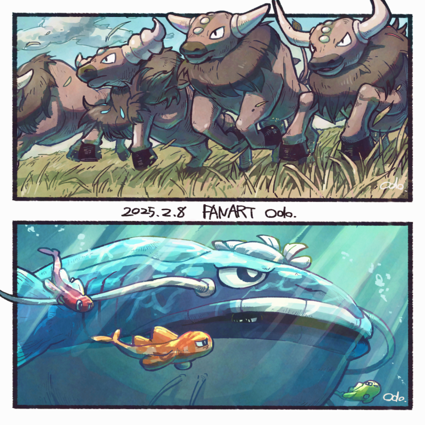 air_bubble black_eyes border bright_pupils bubble cloud commentary_request dated dondozo fish grass highres light_rays nintendo no_humans odo_7ta open_mouth paldean_tauros pokemon pokemon_(creature) pokemon_focus signature sky standing tatsugiri white_border white_pupils