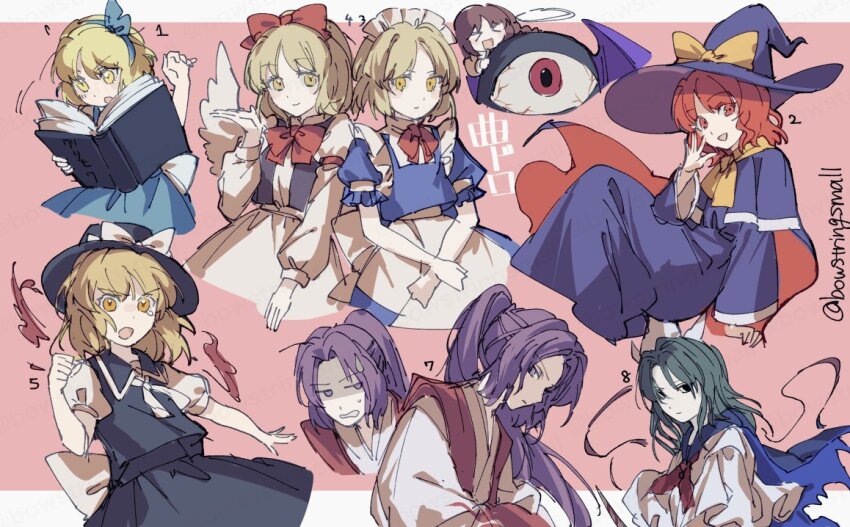&gt;_&lt; 6+girls aged_down alice_margatroid alice_margatroid_(pc-98) angel_wings apron black_hat black_skirt blonde_hair blue_hairband book bow bowtie brown_hair capelet child commentary_request dress evil_eye_sigma eyeball fire gengetsu_(touhou) green_hair grimoire hair_bow hairband hat hat_bow highly_responsive_to_prayers holding holding_book japanese_clothes kataginu kirisame_marisa kirisame_marisa_(pc-98) long_hair long_sleeves looking_at_viewer maid maid_headdress meira_(touhou) mima_(touhou) mugetsu_(touhou) multiple_girls oito_(bowstringsmall) open_book open_mouth partially_translated ponytail puffy_short_sleeves puffy_sleeves purple_capelet purple_dress purple_eyes purple_hair purple_hat purple_wings pyrokinesis red_bow red_bowtie red_eyes red_hair rika_(touhou) short_sleeves skirt smile story_of_eastern_wonderland sweatdrop tears touhou touhou_(pc-98) translation_request twitter_username white_bow white_wings wings witch_hat yellow_bow yellow_eyes yuki_(touhou)