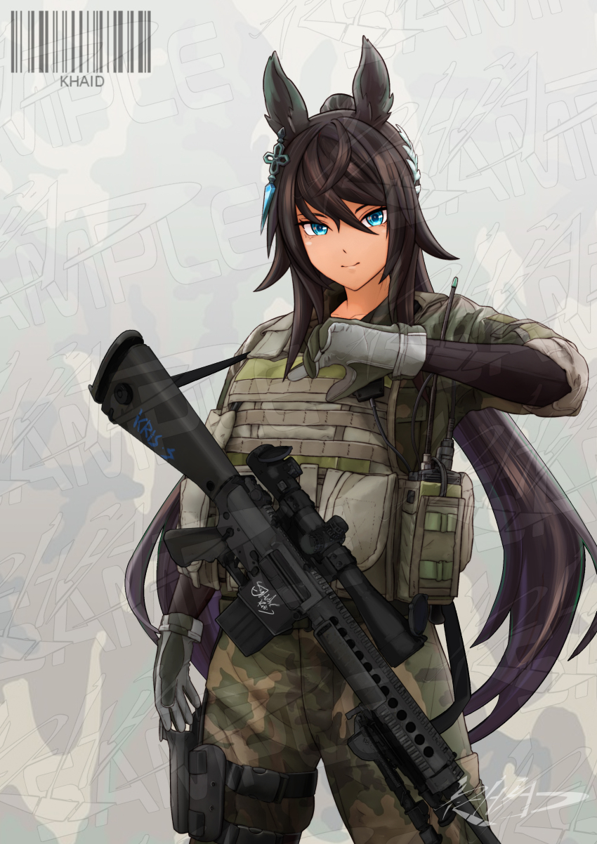 1girl absurdres alternate_costume ammunition_pouch animal_ears arm_up artist_name barcode bipod black_bodysuit blue_eyes bodysuit brown_gloves brown_hair bulletproof_vest camouflage camouflage_background camouflage_jacket camouflage_pants chinese_commentary closed_mouth collarbone commentary_request cowboy_shot dark-skinned_female dark_skin ear_ornament earrings gloves gun gun_sling highres holster horse_ears horse_girl jacket jewelry khaid_shiden load_bearing_vest long_hair long_sleeves m110_sass military_combat_uniform military_uniform pants pouch rifle sample_watermark scope sidelocks single_earring smile sniper_rifle solo split_ponytail symboli_kris_s_(umamusume) tactical_clothes tan thigh_holster too_many_watermarks umamusume walkie-talkie watermark weapon woodland_camouflage