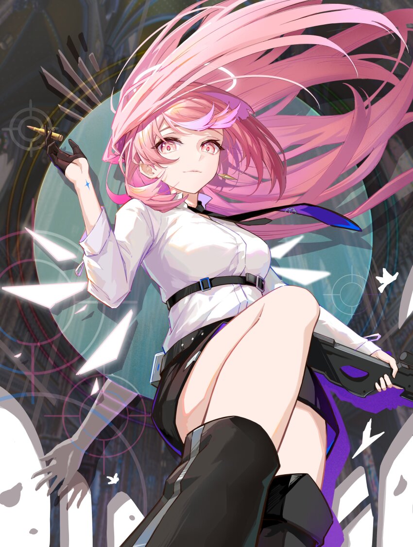 1girl absurdres angel arknights black_gloves black_leg_warmers black_necktie black_skirt breasts bullet commentary_request commission detached_wings earrings gloves half_gloves halo highres holding holding_bullet jewelry leg_warmers lemuen_(arknights) long_hair looking_at_viewer medium_breasts necktie pink_eyes pink_hair setsu_(qjsj1993aa) shirt skirt solo thighs white_shirt wings