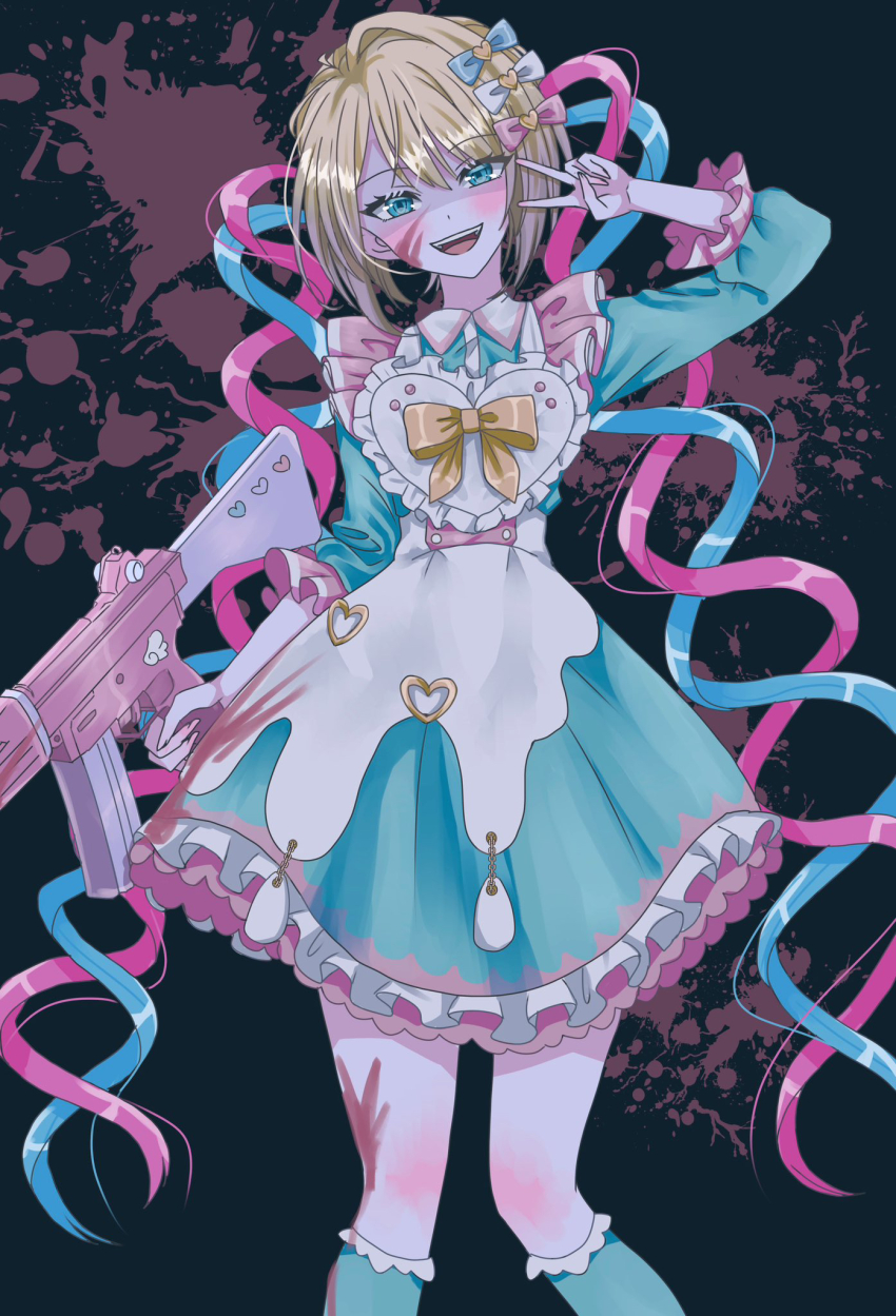 1girl apron assault_rifle black_background blonde_hair blood blood_on_clothes blood_on_leg blue_dress bow bowtie chouzetsusaikawa_tenshi-chan cute_weapon dress gun hair_bow highres howa_type_89 long_hair maid maid_apron multicolored_hair multiple_hair_bows needy_girl_overdose reno_(re_leno) rifle sketch solo streaked_hair unconventional_maid v very_long_hair weapon yami_kawaii yellow_bow yellow_bowtie