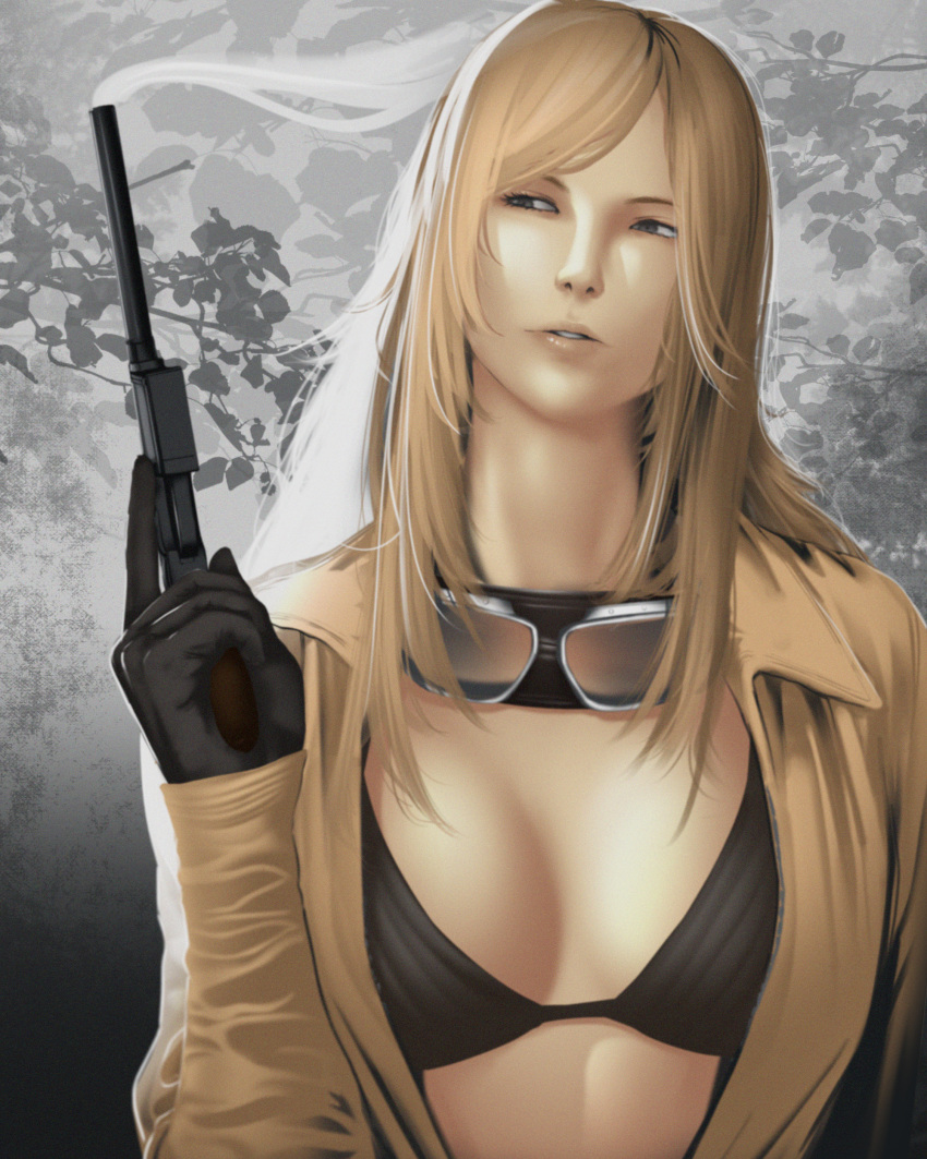 1girl absurdres adun_madun bikini black_bikini black_gloves blonde_hair blue_eyes bra breasts cleavage commentary eva_(metal_gear) gloves goggles goggles_around_neck gun handgun highres holding holding_gun holding_weapon jumpsuit large_breasts long_hair long_sleeves looking_to_the_side mature_female mauser_c96 metal_gear_(series) metal_gear_solid metal_gear_solid_3:_snake_eater open_clothes open_jumpsuit parted_lips shansi_type_17 smoke smoking_barrel solo swimsuit underwear weapon