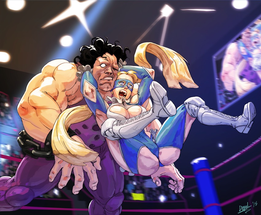 1boy 1girl black_hair blonde_hair blue_eyes boots breasts cleavage diepod domino_mask highres hugo_andore leotard long_hair mask open_mouth rainbow_mika street_fighter street_fighter_iii_(series) street_fighter_v twintails very_long_hair wrestling wrestling_outfit wrestling_ring
