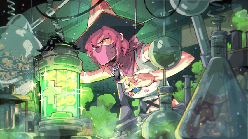 1girl air_bubble ambiguous_yellow_liquid bad_link black_gloves blurry boiling bokeh breasts bubble buckle bunsen_burner ceiling chemical_structure chemicals chemistry chemistry_set colored_smoke concentrating covered_mouth depth_of_field fingernails flask fortnite from_below gloves green_liquid grey_pants highres indoors joss_(fortnite) laboratory long_fingernails mask measuring_cylinder measuring_glass medium_breasts mouth_mask nail_polish navel ninja_mask pants pink_eyes pink_hair pink_mask pink_nails plus_sign potion retort_stand ricardo_lopez_ortiz round-bottom_flask science scientist short_hair single_glove single_suspender skull_print smoke solo sparkle squinting strap suspenders tank_top test_tube test_tube_rack tile_ceiling tiles traffic_cone traffic_cone_on_head uneven_eyes upper_body vial yellow_liquid