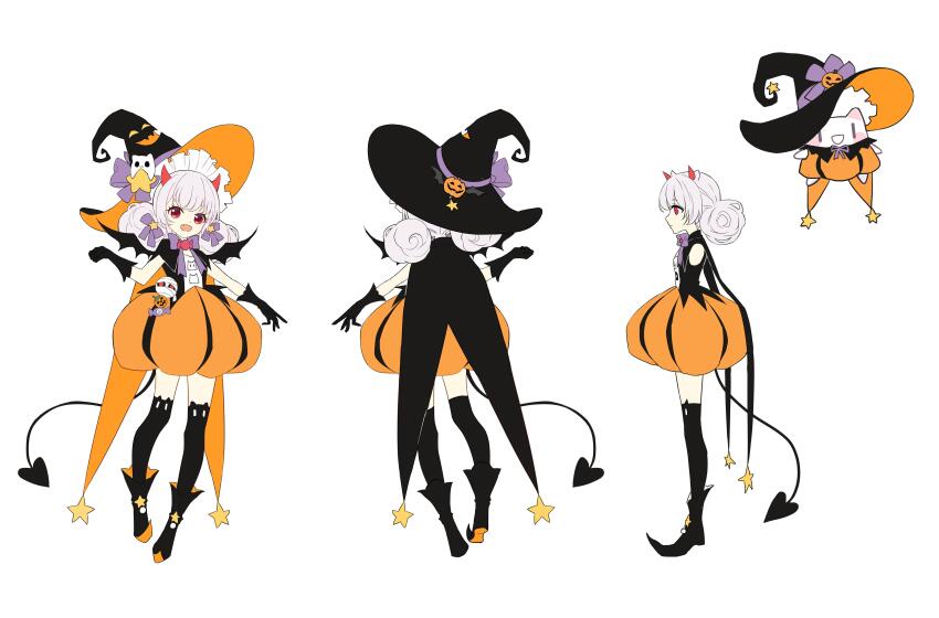 :d absurdres animal_ear_legwear ankle_boots bat_wings bcy black_cape black_footwear black_gloves black_headwear black_shirt black_thighhighs boots bow cape cat_ear_legwear cat_hat_ornament reference_sheet demon_horns demon_tail fang gloves hair_bow halloween_costume hand_up hat hat_bow highres horns huhu medium_hair miniskirt multiple_views open_mouth pointy_footwear pumpkin_hat_ornament pumpkin_skirt purple_bow red_eyes ruan_miemie shirt skirt sleeveless sleeveless_shirt smile standing star_ornament tail thighhighs turnaround white_background white_hair wings witch_hat xialuo_yingling
