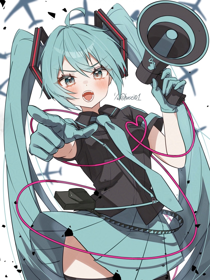 1girl absurdres ahoge aircraft airplane aqua_eyes aqua_gloves aqua_hair aqua_necktie aqua_skirt bag black_bag black_thighhighs blush breasts collared_shirt cowboy_shot foreshortening gloves hair_between_eyes hasei_(hasei01) hatsune_miku heart highres holding holding_megaphone koi_wa_sensou_(vocaloid) long_hair looking_at_viewer megaphone miniskirt necktie open_mouth pleated_skirt pointing pointing_at_viewer shirt short_sleeves simple_background skirt small_breasts solo teeth thighhighs tongue twintails twitter_username v-shaped_eyebrows very_long_hair vocaloid white_background