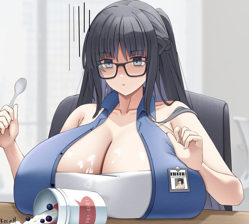 1girl bare_arms black_hair blue_vest blueberry blurry blurry_background braid breast_rest breasts breasts_on_table collarbone collared_vest commentary commission english_commentary food fruit grey_eyes highres holding holding_spoon inconvenient_breasts indoors keenh long_hair name_tag original partially_shaded_face shirt sitting solo spill spoon vest white_shirt yogurt