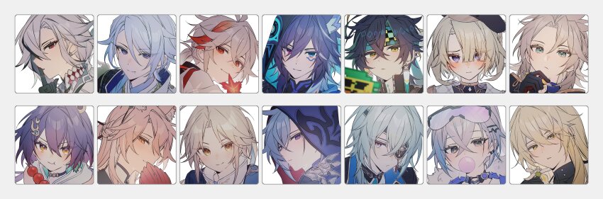 3girls 6+boys absurdres ajaw_(genshin_impact) albedo_(genshin_impact) anaxa_(honkai:_star_rail) animal_ear_fluff animal_ears arlecchino_(genshin_impact) black_choker black_gloves black_hair blonde_hair blowing_bubbles blue_hair chewing_gum choker closed_mouth commentary coojisan crossed_bangs earrings eyepatch flower food freminet_(genshin_impact) genshin_impact gloves green_hair grey_hair hair_between_eyes hair_ornament hat headband heterochromia highres holding honkai:_star_rail honkai_(series) hood hood_up index_finger_raised jewelry jiaoqiu_(honkai:_star_rail) kaedehara_kazuha kamisato_ayato kinich_(genshin_impact) leaf luocha_(honkai:_star_rail) mihoyo mole mole_under_mouth moze_(honkai:_star_rail) multicolored_hair multiple_boys multiple_girls ororon_(genshin_impact) pink_hair portrait purple_hair silver_wolf_(honkai:_star_rail) streaked_hair sweat symbol-only_commentary white_flower yanqing_(honkai:_star_rail) yunli_(honkai:_star_rail)