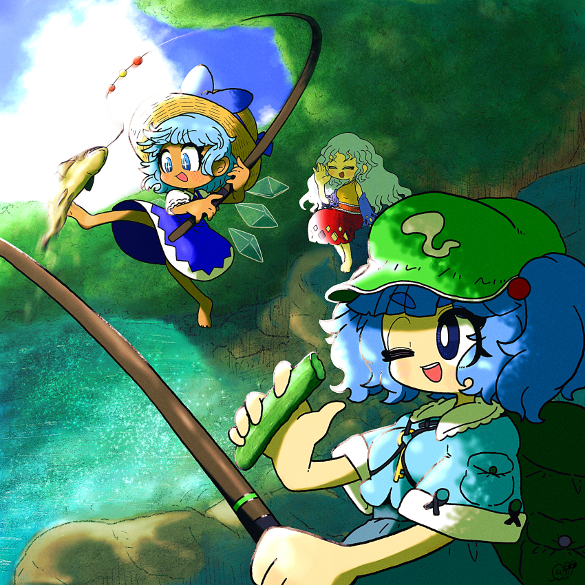 blue_dress blue_eyes blue_hair blue_shirt blue_skirt blue_sky blush cabbie_hat cirno cloud collared_shirt comiket_104 commentary_request cucumber day dress fish fishing fishing_rod forest green_hat grey_hair hair_bobbles hair_ornament hat highres holding holding_fishing_rod ice ice_wings jewelry kawashiro_nitori key key_necklace long_hair looking_at_another muimui_(4242564muimui) nature necklace one_eye_closed open_mouth puffy_short_sleeves puffy_sleeves red_skirt sakata_nemuno shirt short_hair short_sleeves skirt skirt_set sky smile sun_hat touhou tree two_side_up wavy_hair white_shirt wings