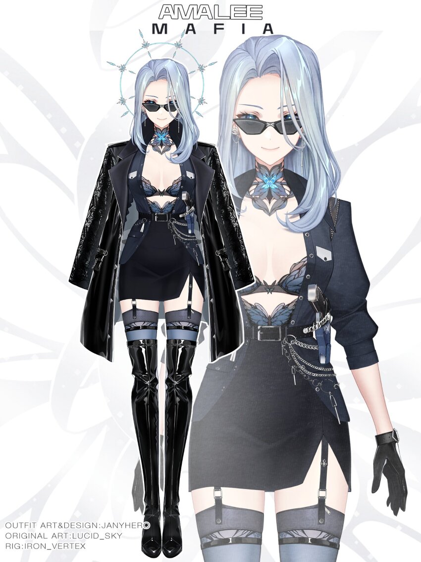 1girl artist_name belt black_boots black_coat black_gloves black_skirt black_suit boots bra breasts butterfly_brooch chain character_name cleavage coat coat_on_shoulders commentary earrings forehead formal_clothes front_slit full_body garter_straps gloves grey_hair gun hair_over_one_eye halo halo_behind_head high_belt highres janyhero jewelry lace lace_bra lace_collar lapels latex_thigh_boots leather leather_gloves legwear_garter long_hair looking_at_viewer looking_over_eyewear mafia monarch_(amalee) monarch_(mafia)_(amalee) multiple_views notched_lapels official_alternate_costume official_art open_clothes open_coat pencil_skirt skirt skirt_suit sleeves_rolled_up small_breasts solo standing suit sunglasses tachi-e thigh_boots thighhighs unbuttoned unbuttoned_shirt underwear virtual_youtuber vshojo watermark weapon weapon_case zoom_layer