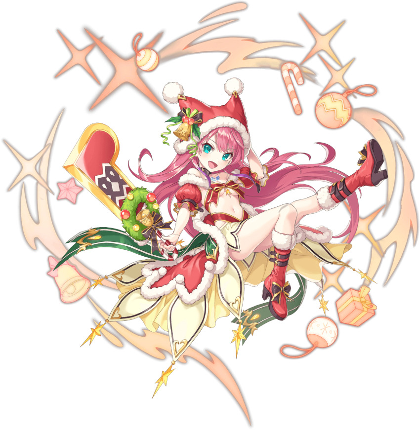 1girl artist_request bare_legs bare_shoulders bell blue_eyes boots bow breasts candy candy_cane christmas_wreath detached_sleeves fang food full_body game_cg gift hat highres holding legend_clover long_hair navel no_bra official_alternate_costume official_art open_mouth pink_hair red_bow rusalka_(legend_clover) santa_hat six_pointed_star star_(symbol) tattoo third-party_source transparent_background wreath