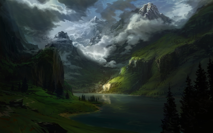 absurdres cloud cloudy_sky commentary forest highres krita_(medium) landscape mountain nature no_humans outdoors philipp_urlich river scenery sky tree valley water