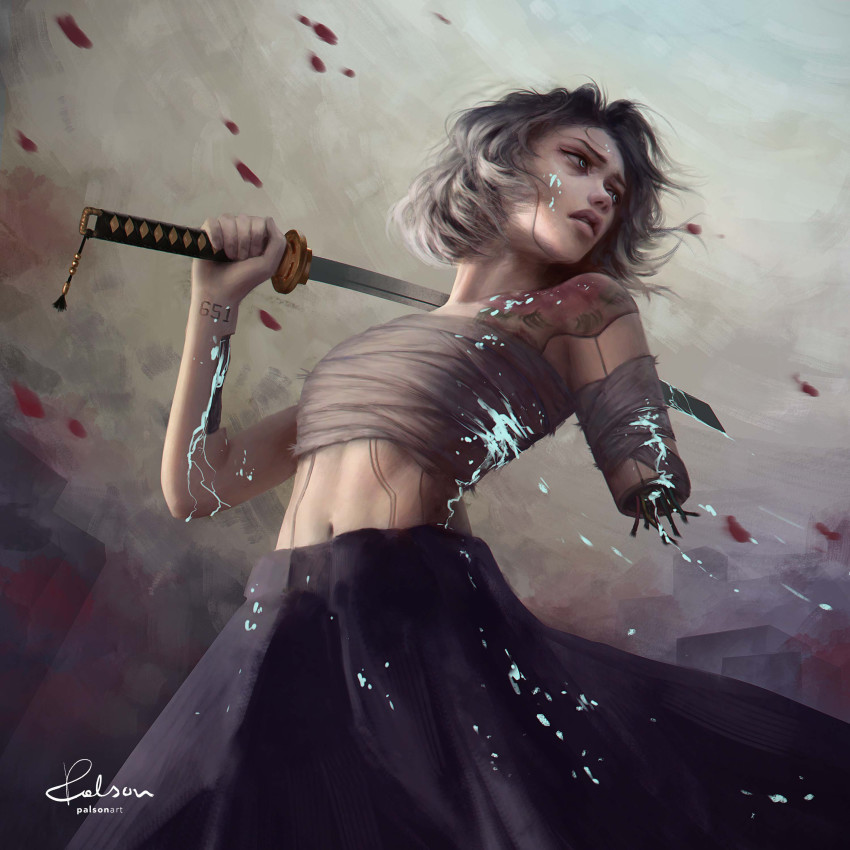 1girl absurdres amputee android artist_name bandaged_arm bandages blood blood_on_arm blood_on_clothes blood_on_face blue_blood blue_eyes chest_sarashi circuit colored_blood commentary english_commentary from_below grey_hair highres holding holding_sword holding_weapon katana long_skirt looking_afar looking_back looking_to_the_side missing_limb navel numbered original over_shoulder palson parted_lips realistic sarashi shoulder_tattoo signature simple_background skirt solo sparks sword sword_over_shoulder tattoo weapon weapon_over_shoulder